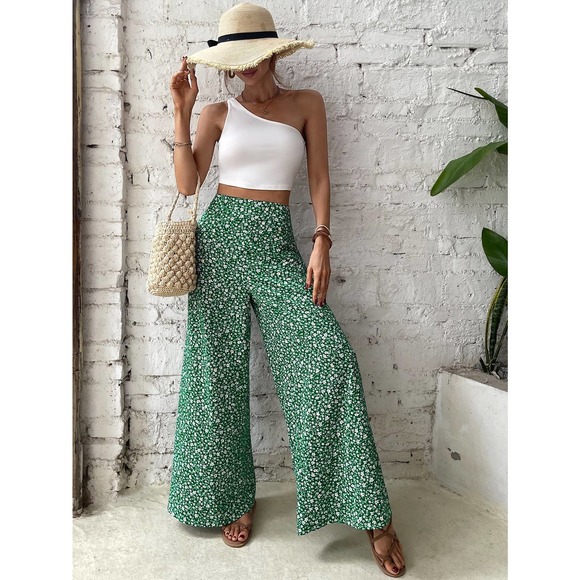 2 piece set: white One Shoulder Crop Top & Floral print Wide Leg Pants green - Picture 3 of 3